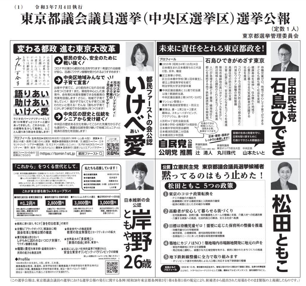 都議選2021特集 中央区全候補者まとめ 当選予測 最新情勢 高橋元気 タカハシゲンキ 選挙ドットコム