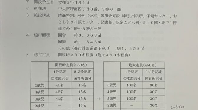 【区民文教委員会】晴海4丁目新設の「特別出張所」・幼保連携型「認定こども園」について