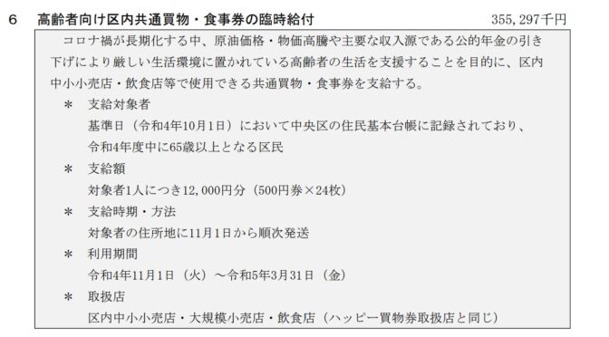 高齢者向け区内共通買物券支給、中央区は【バランスを取るため】と説明。合理的根拠のない補正予算案に反対します