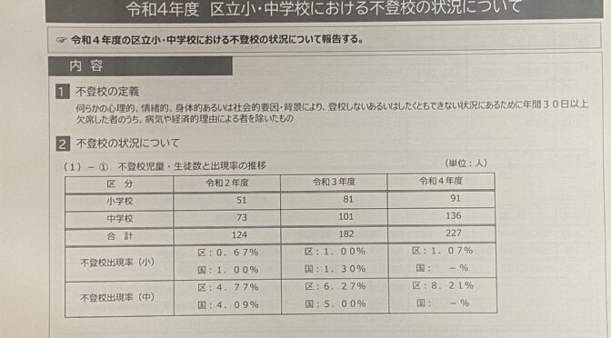 【区民文教】区立小中学校における事故発生状況、いじめ・不登校の状況・特認校へのスクールバス運行について