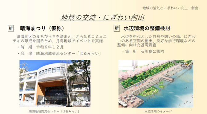 【令和6年度予算】【区民費】晴海区民センター・はるみらいの活用、晴海フラッグ住民とのコミュニティ融合、晴海まつりの開催について等